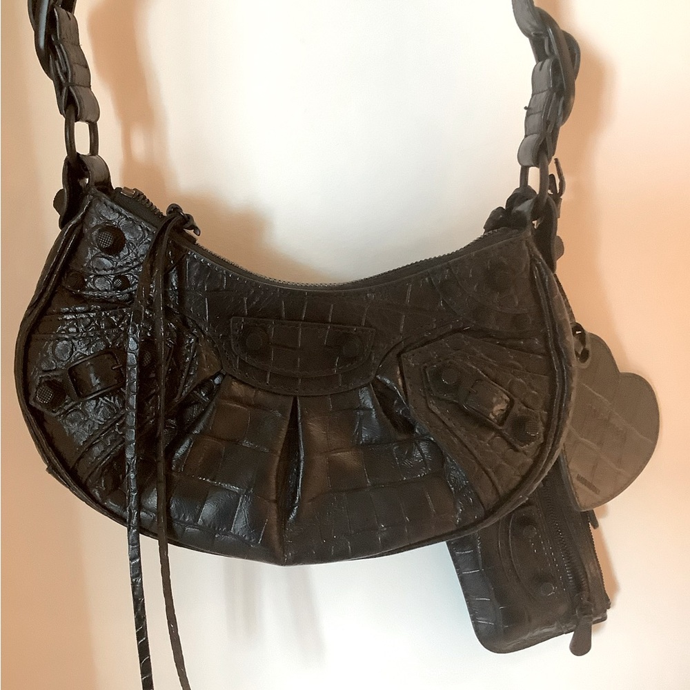 Balenciaga le Cagole mini black embossed croc leather crossbody